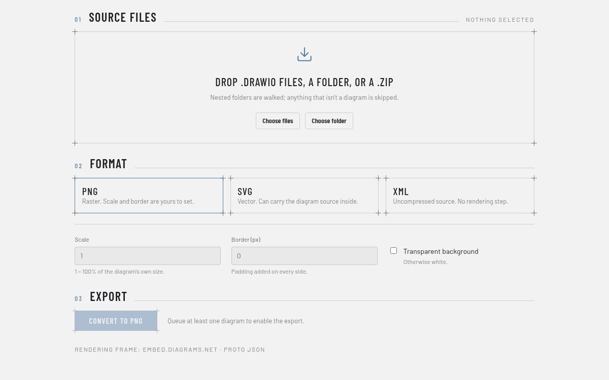 Source files drop zone, PNG/SVG/XML format picker and export controls